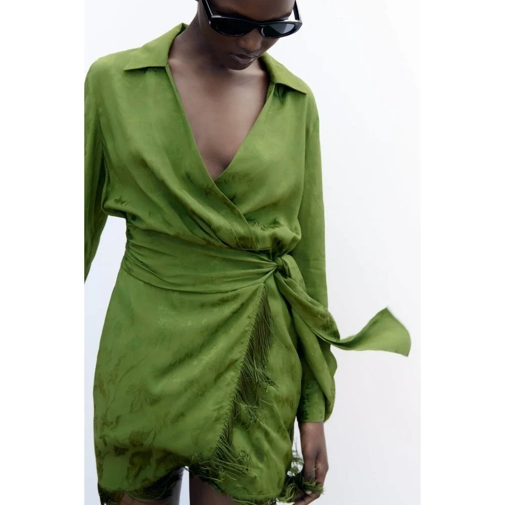 ZARA fringed Jacquard wrap dress green 2157/035 - Picture 3 of 16